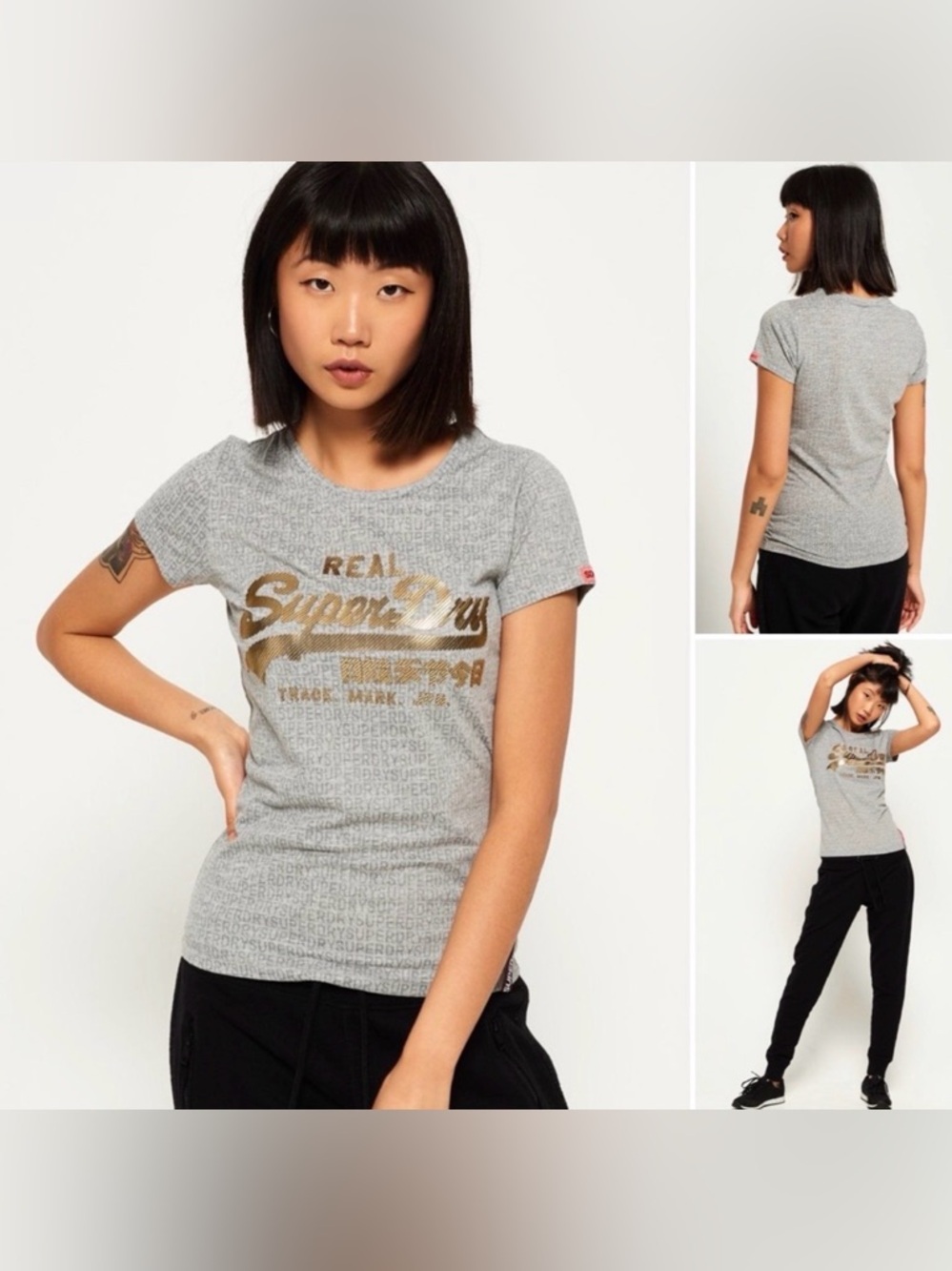 Superdry Light Gray Script Logo Tee with Gold Print
